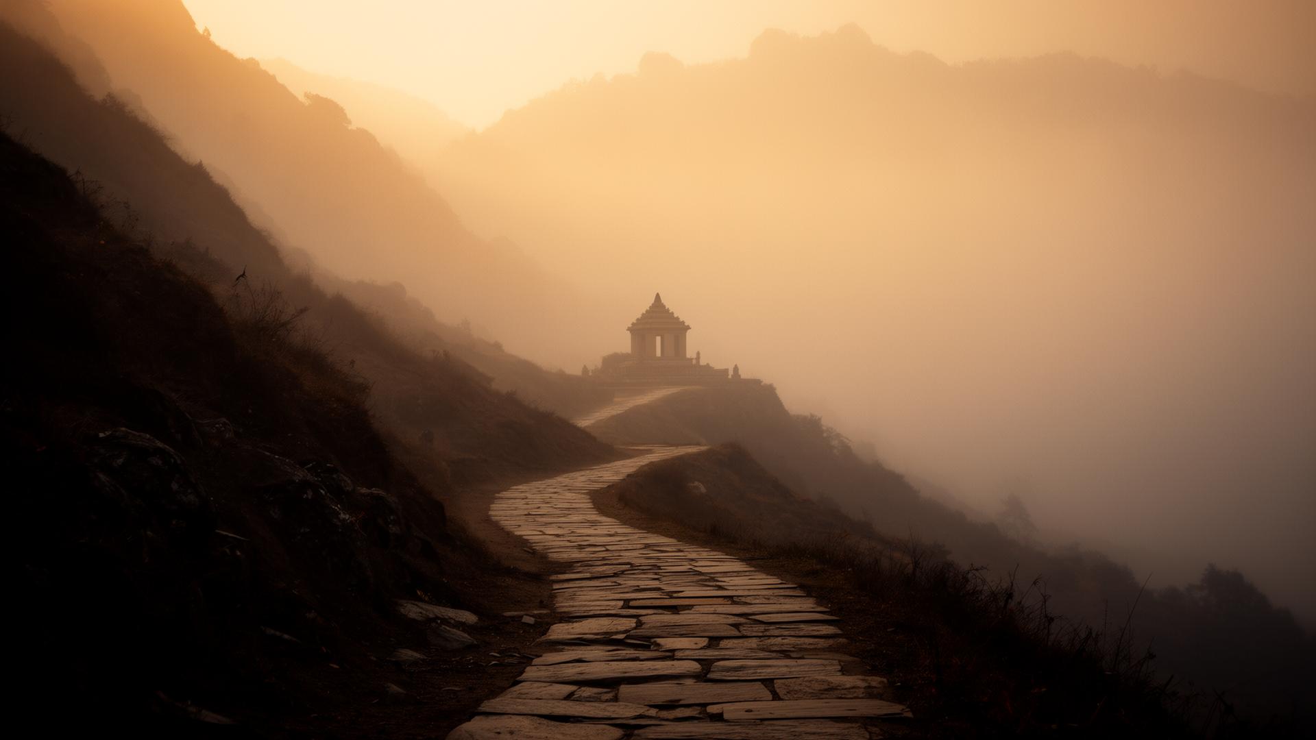 A stone path winding through misty mountains toward a distant sanctuary